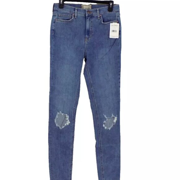 Free People Skinny Blue Jeans Size 29 L High Rise Busted Knee Distressed - Picture 1 of 7
